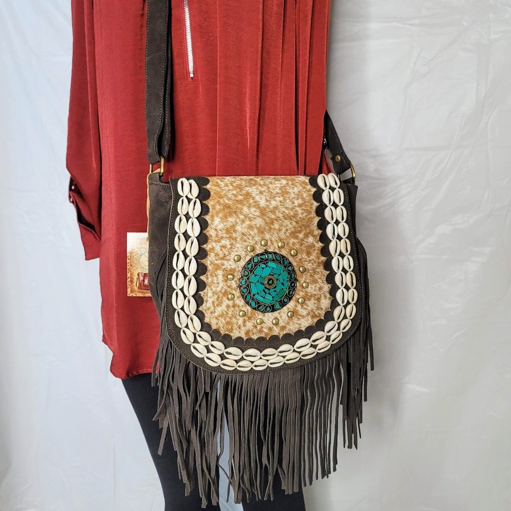 2023 Crossbody Leather Boho Bag Fringe Brand New Embellished